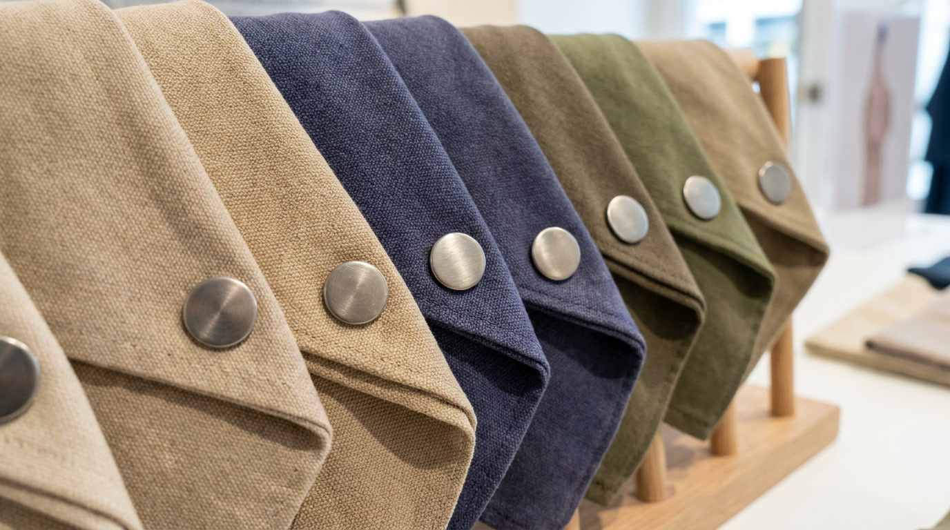 snap button press, Snap button press samples are installed on folded fabric swatches in different colors to show various metal finishes.